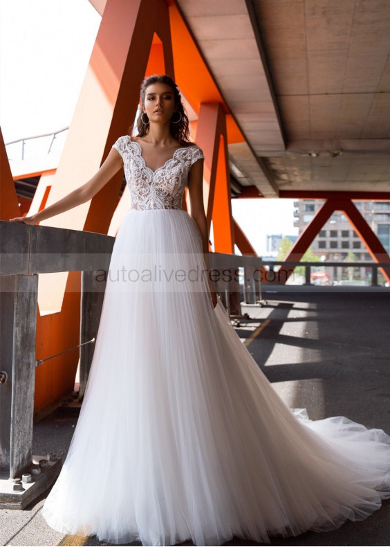 Cap Sleeve Ivory Lace Pleated Tulle Wedding Dress